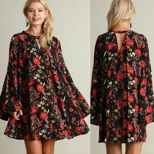 Umgee Babydoll Mini Dress Floral Flared Bell Sleeve Pullover Boho Tunic Top